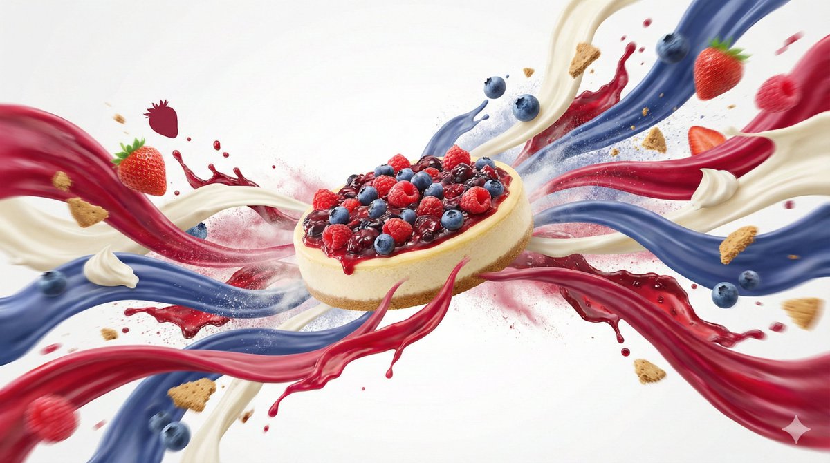 Dynamic flavor wave composition of [FOOD], with colorful energy ribbons, mist, and motion streaks b…