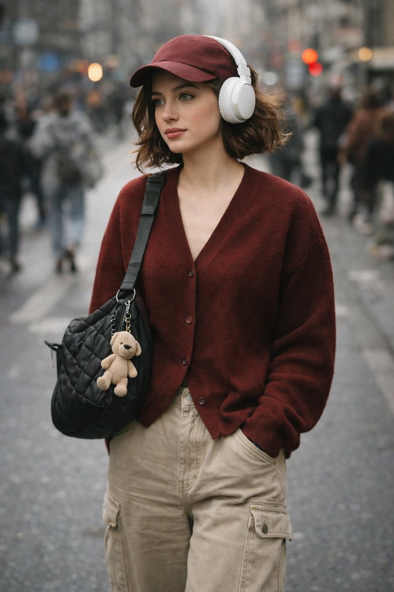 A high-quality, candid street photography shot of a stylish young woman with short wavy brown hair.…