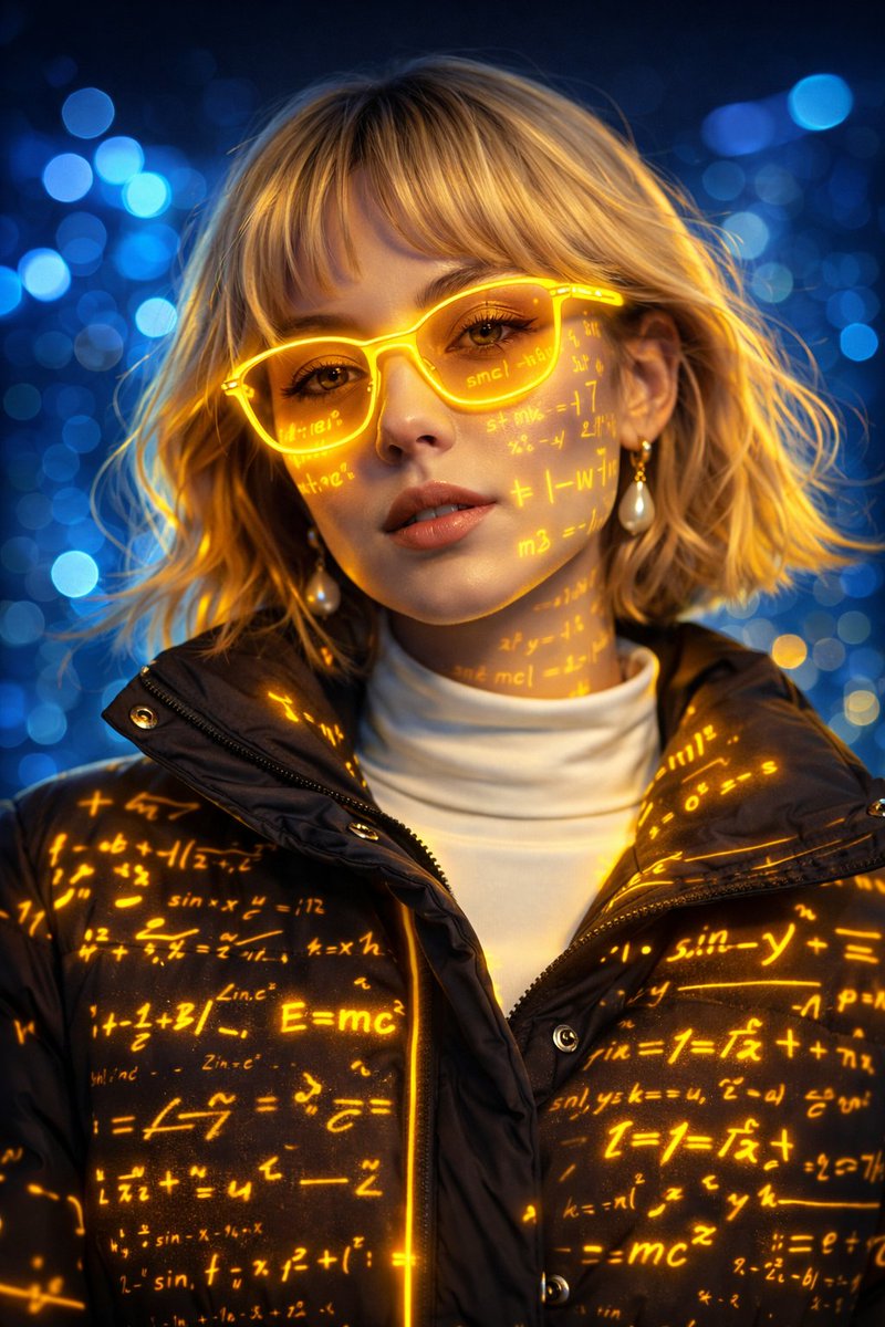 A futuristic cyber-aesthetic portrait of a young woman wearing glowing neon-yellow glasses, with lu…