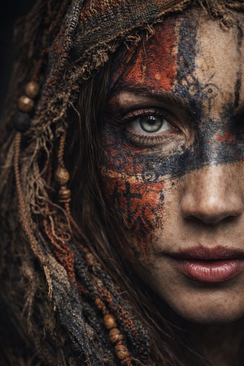 A dramatic ultra-realistic portrait of a woman shown in extreme close-up, only half of her face vis…