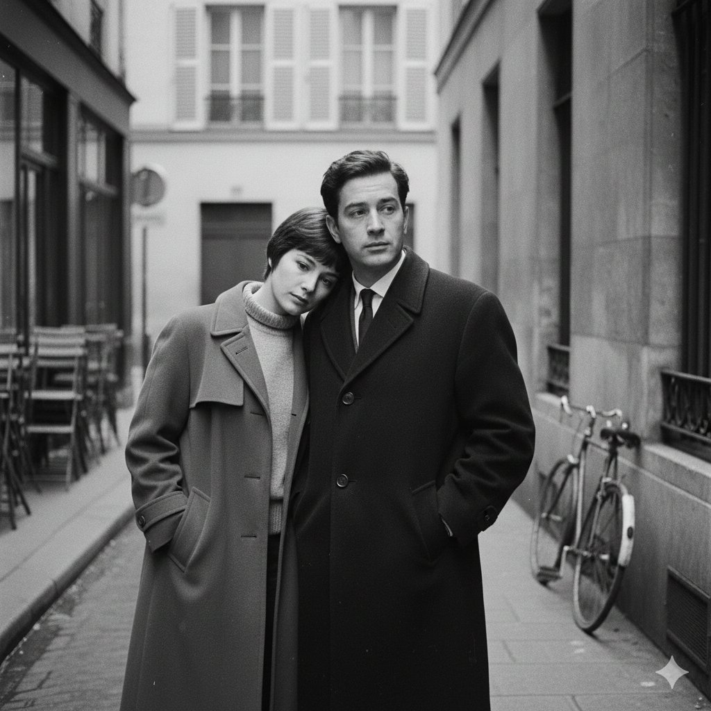 A French New Wave–style minimalist lovers scene, black and white, 1950s–1960s European cinema tone.…