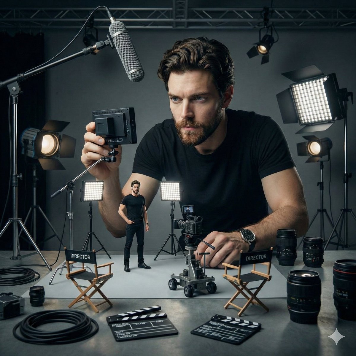 Ultra-realistic cinematic studio scene of a woman supervising a miniature behind-the-scenes film se…