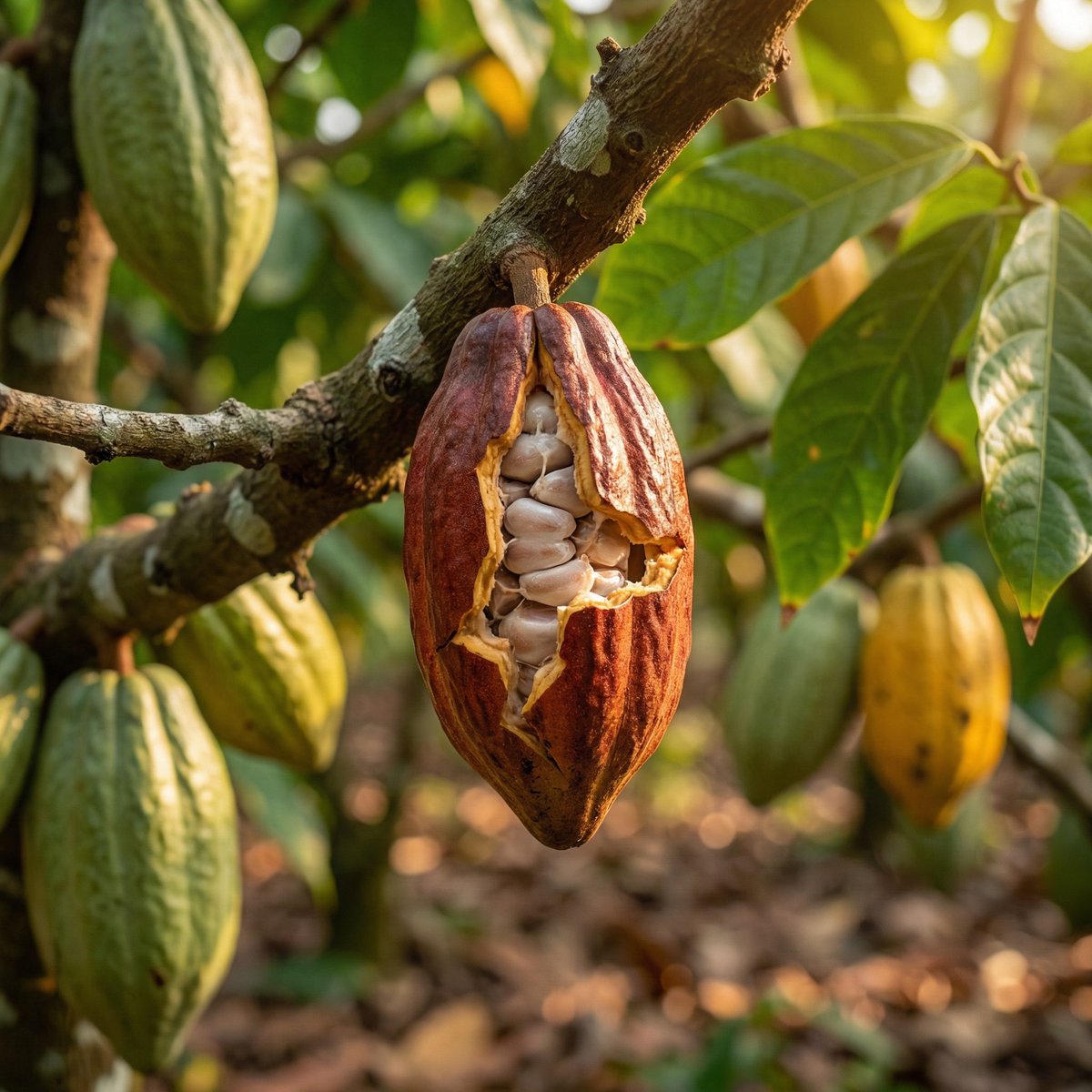 High-quality realistic commercial shot of a cocoa plantation in landscape orientation, cocoa tree a…
