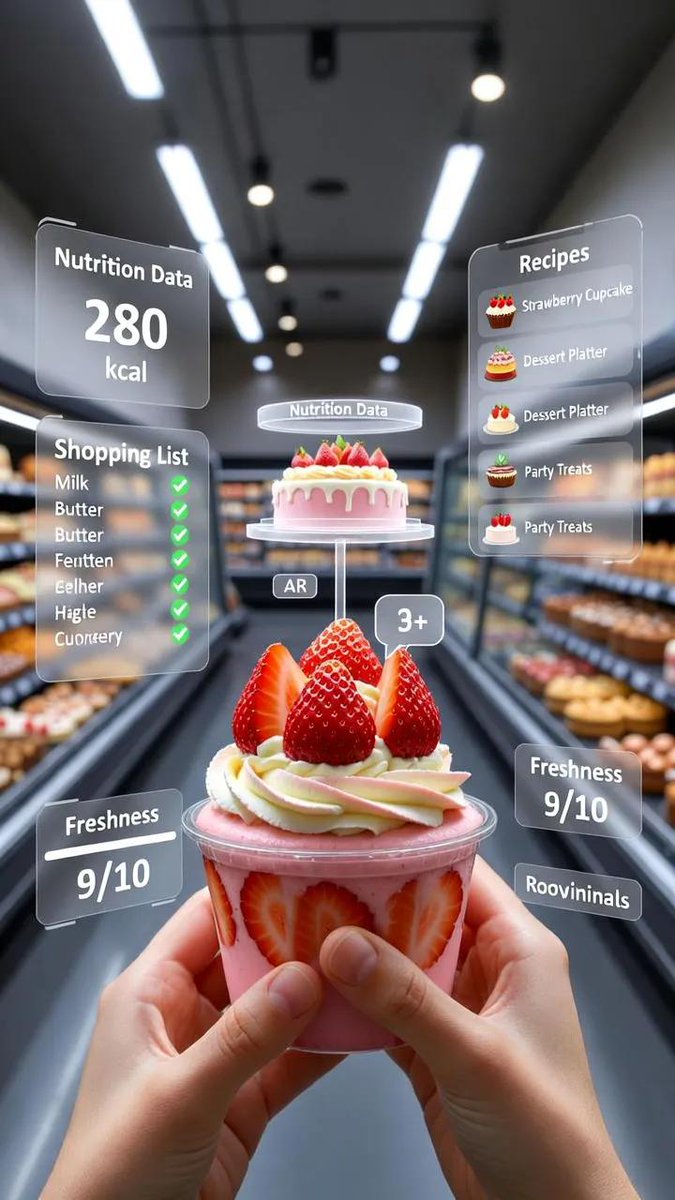 A first-person point-of-view (POV) shot inside a modern supermarket aisle. The viewer's hands are h…