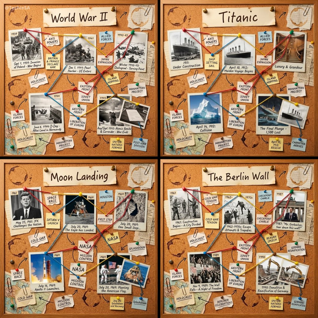 1080x1080 cork-board layout telling the story of [HISTORICAL MOMENT]. At the very top of the board,…