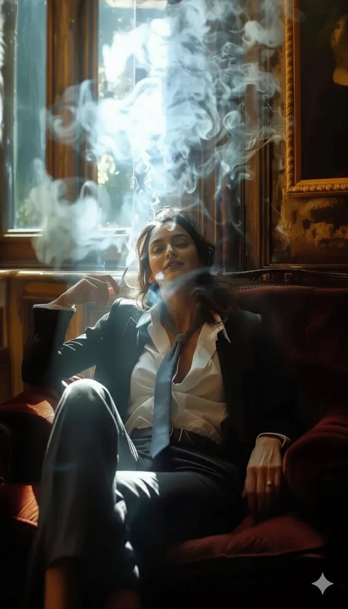 ​A high-definition cinematic portrait of a sophisticated woman sitting in a plush, velvet burgundy …