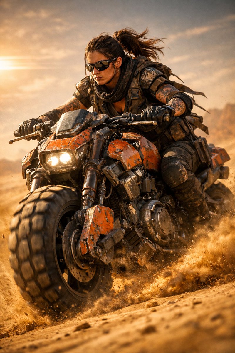 Use the uploaded picture to create a cinematic sci-fi scene of a fierce futuristic biker riding a h…