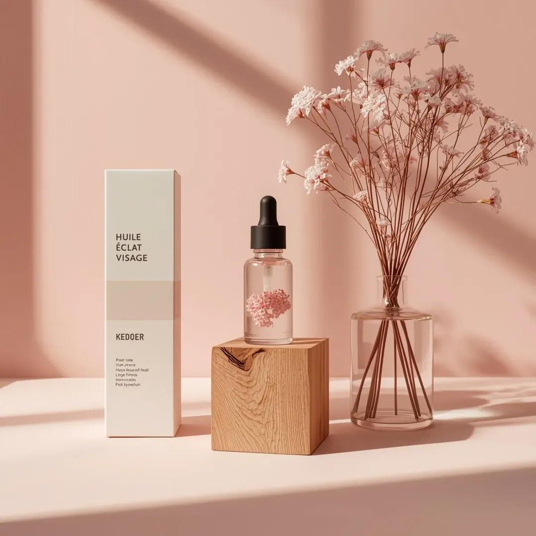 Ultra-realistic minimalist studio product photography of a small transparent glass facial oil dropp…