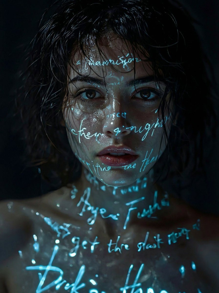 A cinematic, hyper-realistic close-up portrait of a mysterious young woman in darkness, wet skin gl…