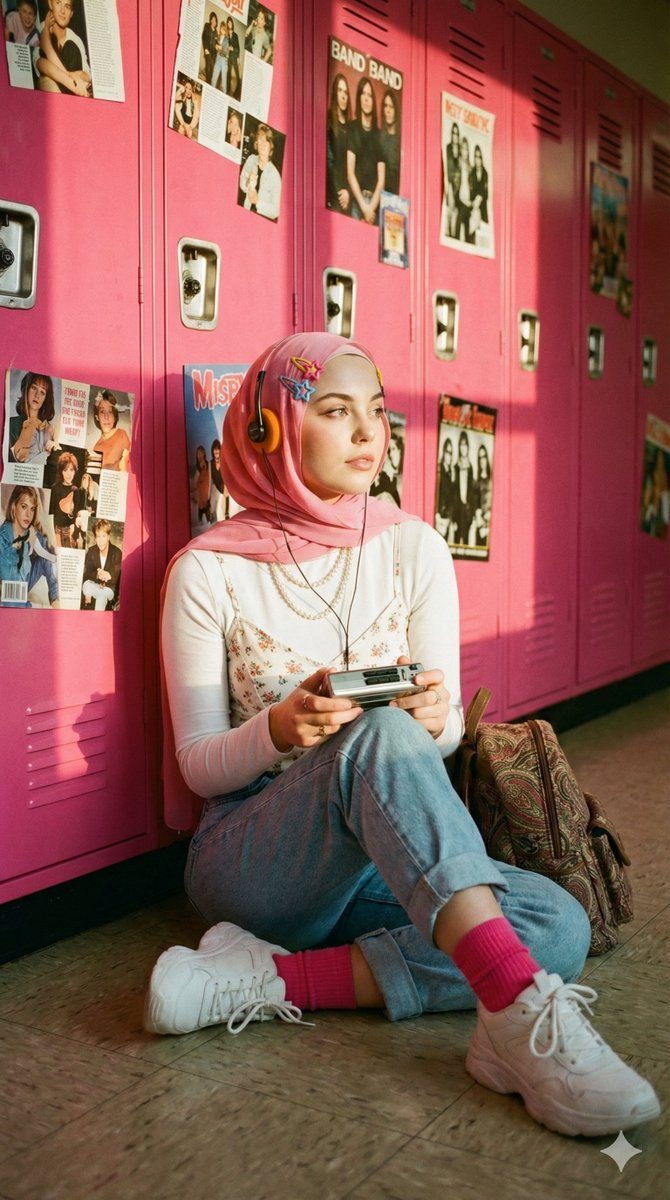 A cinematic, nostalgic portrait of a young hijab woman (use the reference photo) sitting cross-legg…