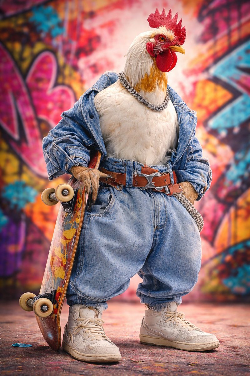Ultra-realistic studio portrait of an anthropomorphic rooster styled like a street skater. A confid…