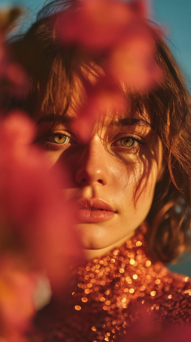 { "image_prompt": { "main_description": "Poetic cinematic close-up portrait of a young woman partia…