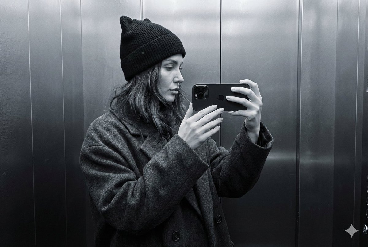 A photorealistic profile selfie, minimalist and monochrome: a woman in a dark oversized coat and a …