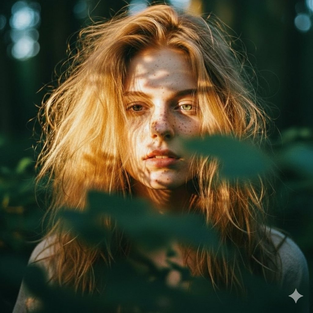 Close-up portrait of a young woman with messy, voluminous strawberry blonde hair and heavy freckles…