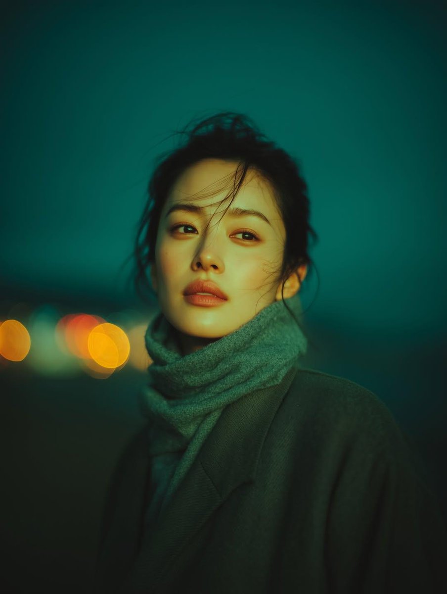 A cinematic night-time portrait of a young woman standing outdoors, softly lit by ambient city ligh…