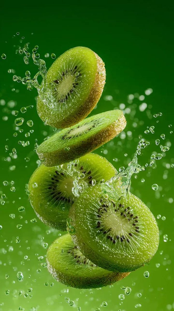 A hyper-realistic image of a sliced kiwi splashing in a spray of water with droplets suspended in t…