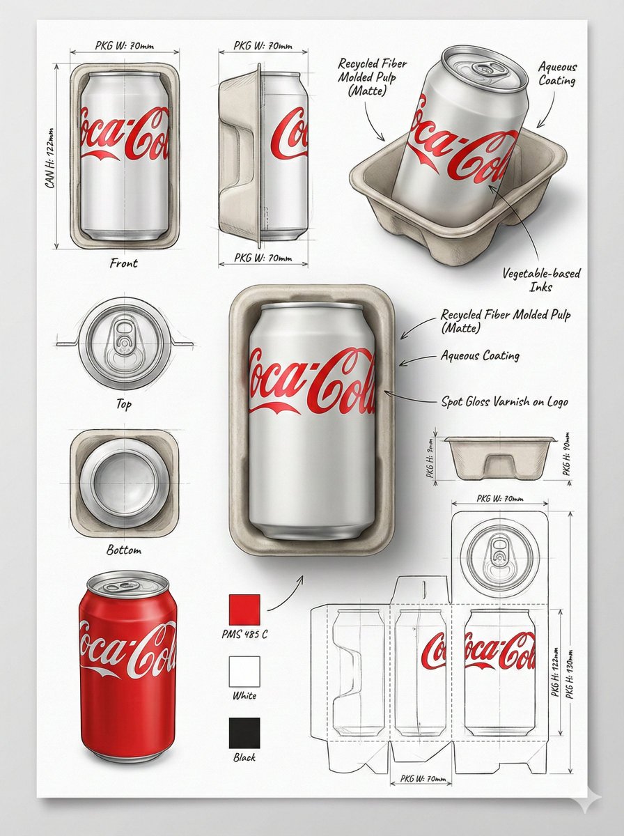 Using the attached image, create a professional industrial packaging design illustration sheet for …