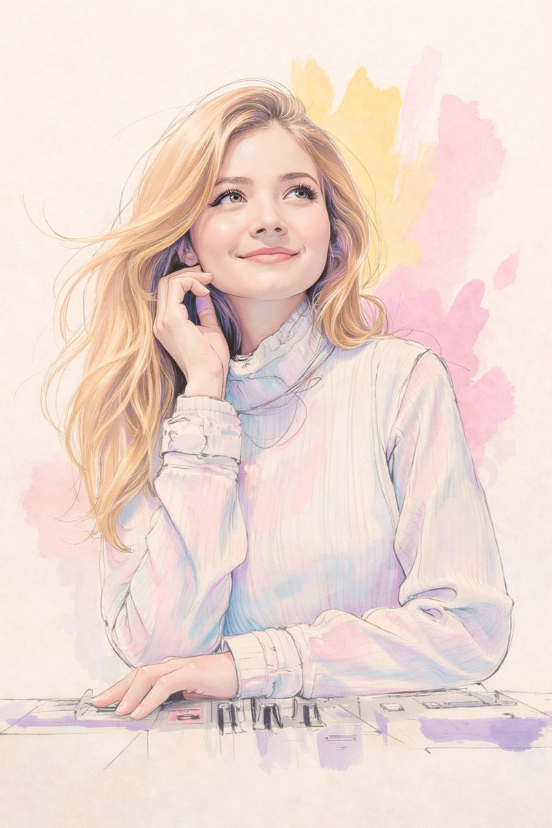 A soft pastel watercolor digital illustration of a young woman with long, flowing blonde hair, gent…