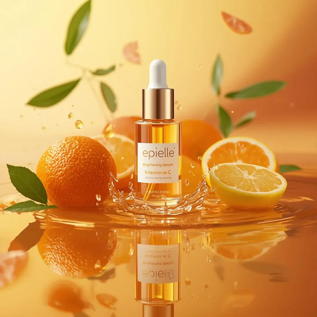 Ultra-high-end photorealistic skincare product photography featuring a clear cylindrical glass drop…
