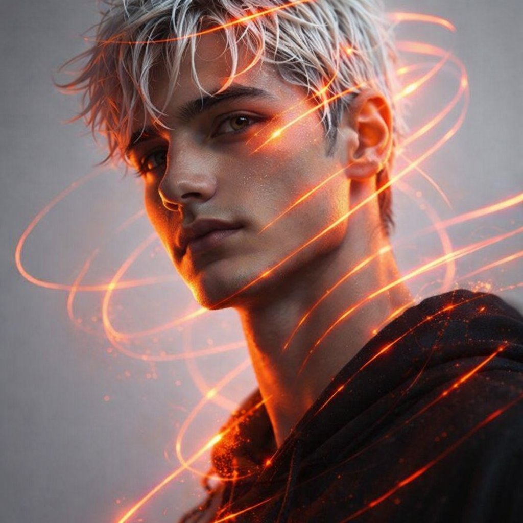 Portrait of a 21-year-old man of appearance with masculine facial features and white hair styled wi…