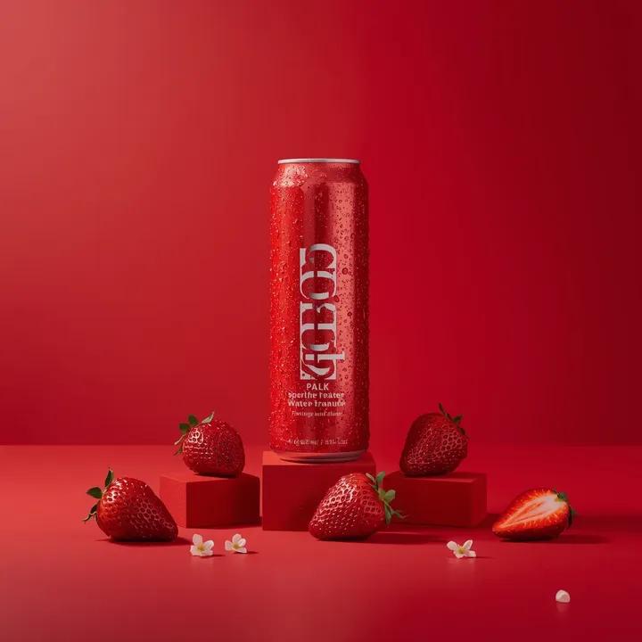 A premium studio product photograph of a tall, slim red aluminum sparkling water can standing uprig…