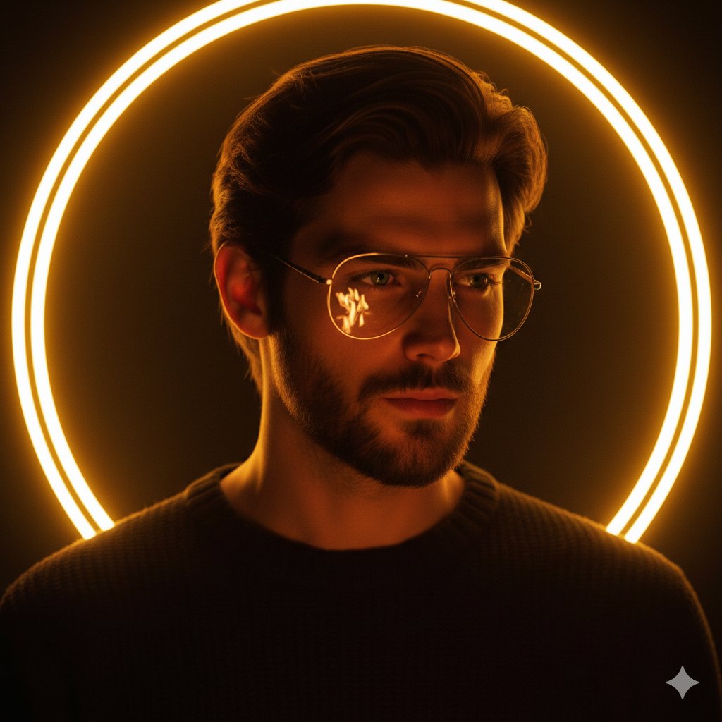 Cinematic portrait of a handsome young man with short styled hair and a trimmed beard, wearing thin…