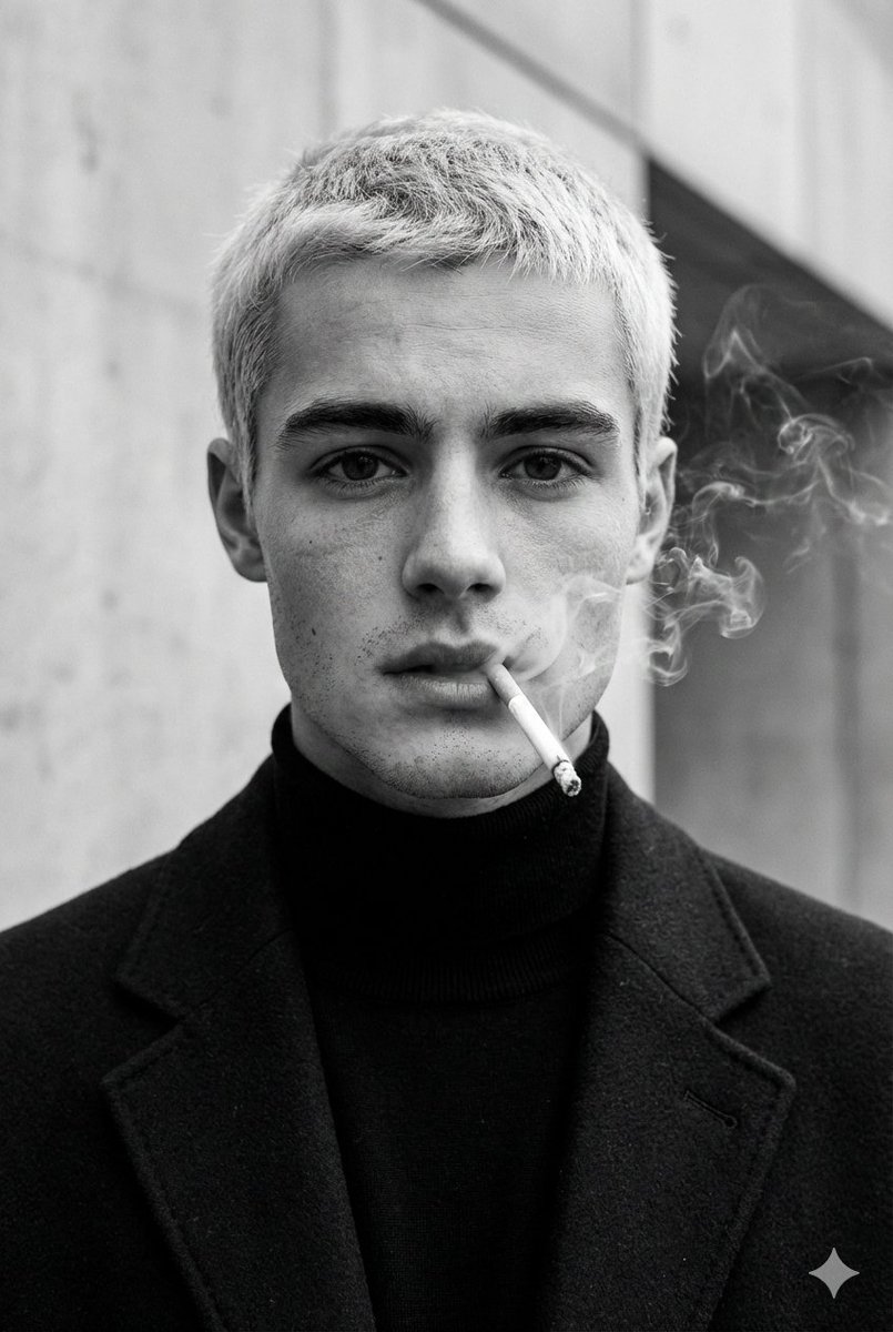 Ultra-realistic fashion black and white portrait of a man with short light hair, wearing a dark tai…