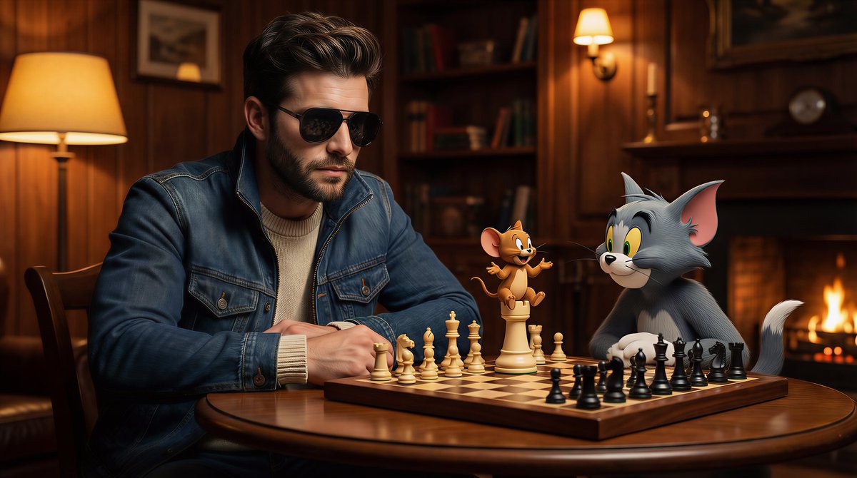 A cinematic, ultra-realistic scene of a stylish man wearing sunglasses and a denim jacket, seated a…