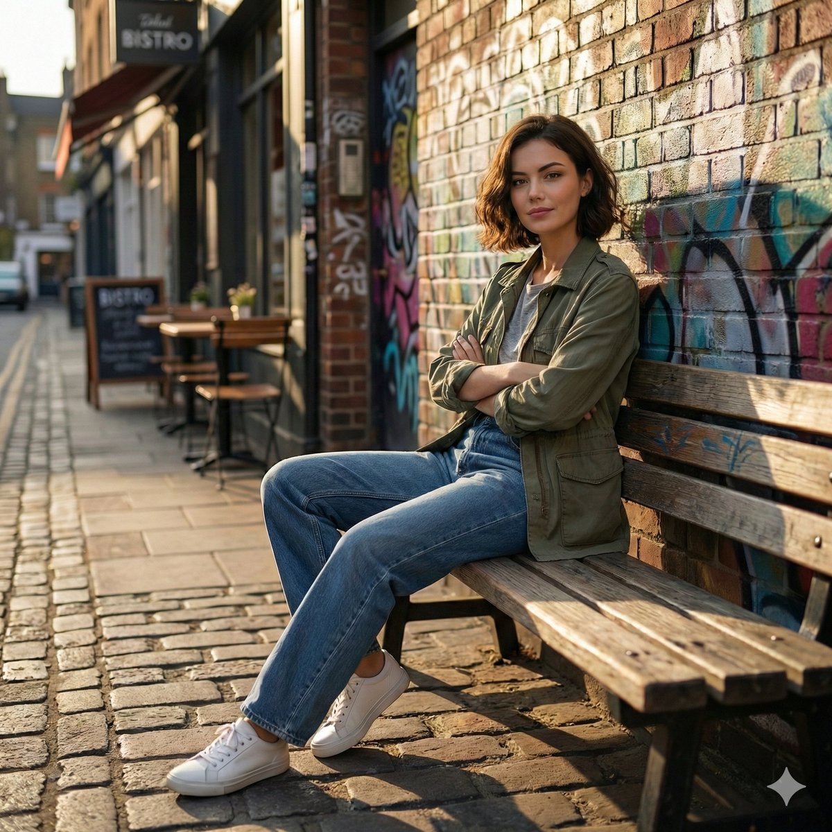 Cinematic realistic street scene, beautiful young woman with short wavy bob haircut, natural hourgl…