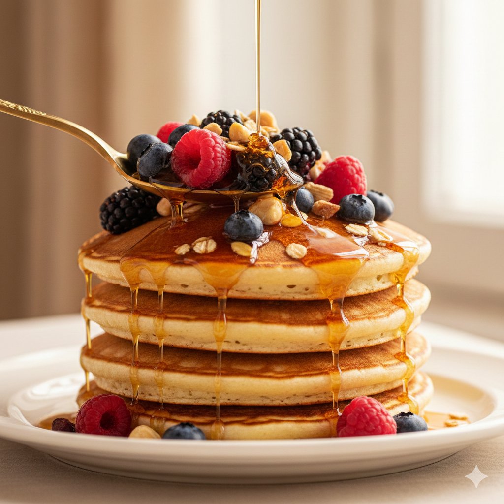 Ultra-luxury food commercial of a stack of thick, fluffy American pancakes with perfectly golden-br…