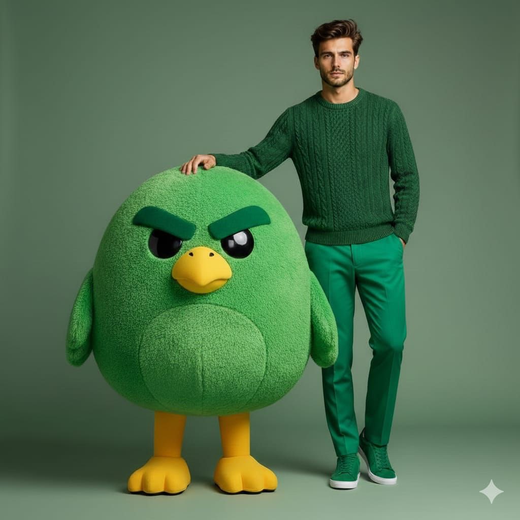 High-end studio fashion portrait of a handsome male model standing beside a large plush green carto…