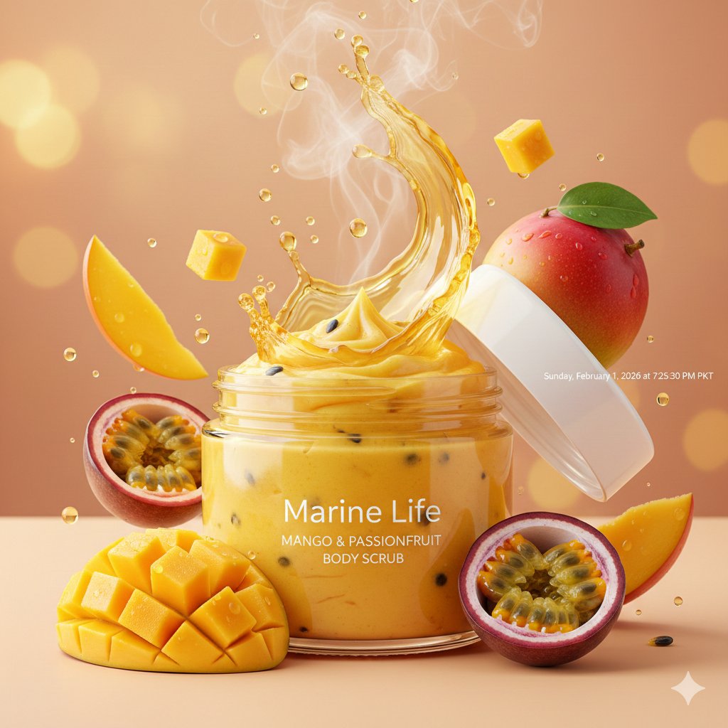 Luxurious tropical body scrub product photography, open jar of bright vibrant yellow-orange Mango &…