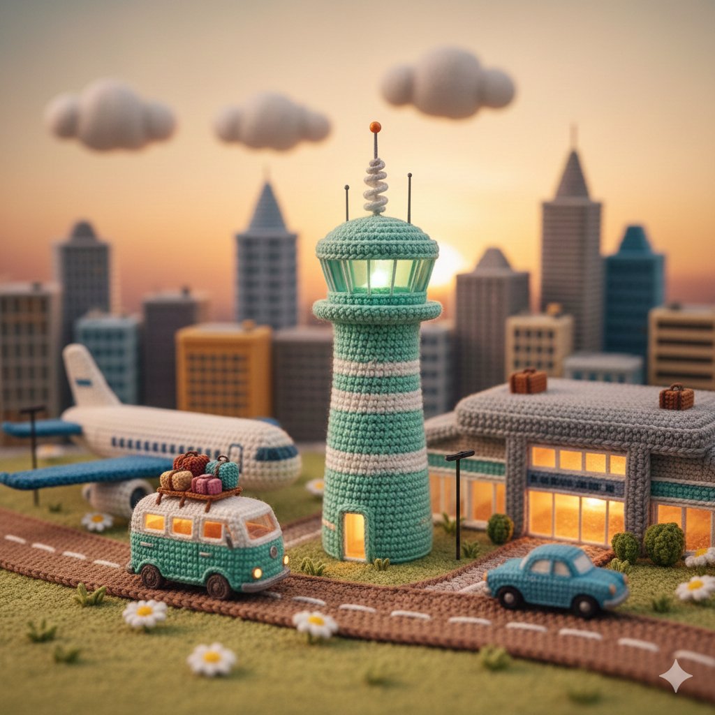 A highly detailed miniature diorama entirely made of crochet and amigurumi yarn, whimsical cute sty…