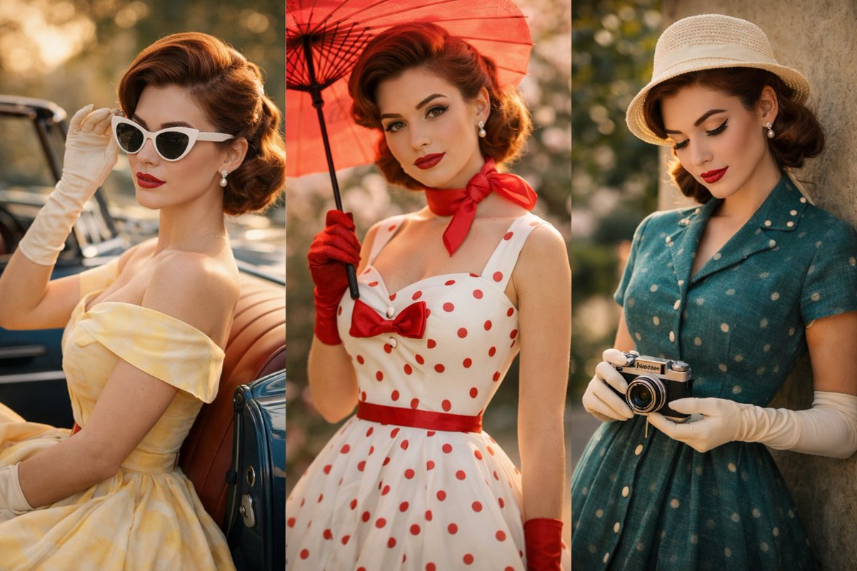 A cinematic vintage fashion portrait of a graceful young woman in a 1950s aesthetic, standing besid…