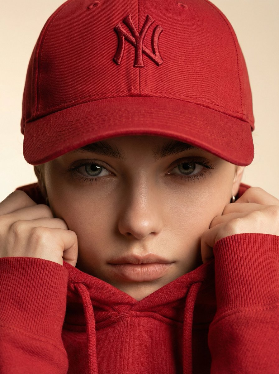 Ultra-realistic fashion beauty crop of a female model wearing the reference red baseball cap and ma…
