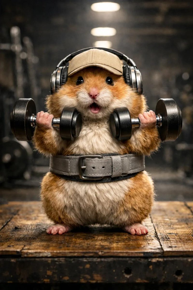 A hyper-detailed, adorable golden hamster in a bright, cheerful gym, animated in smooth cinematic m…