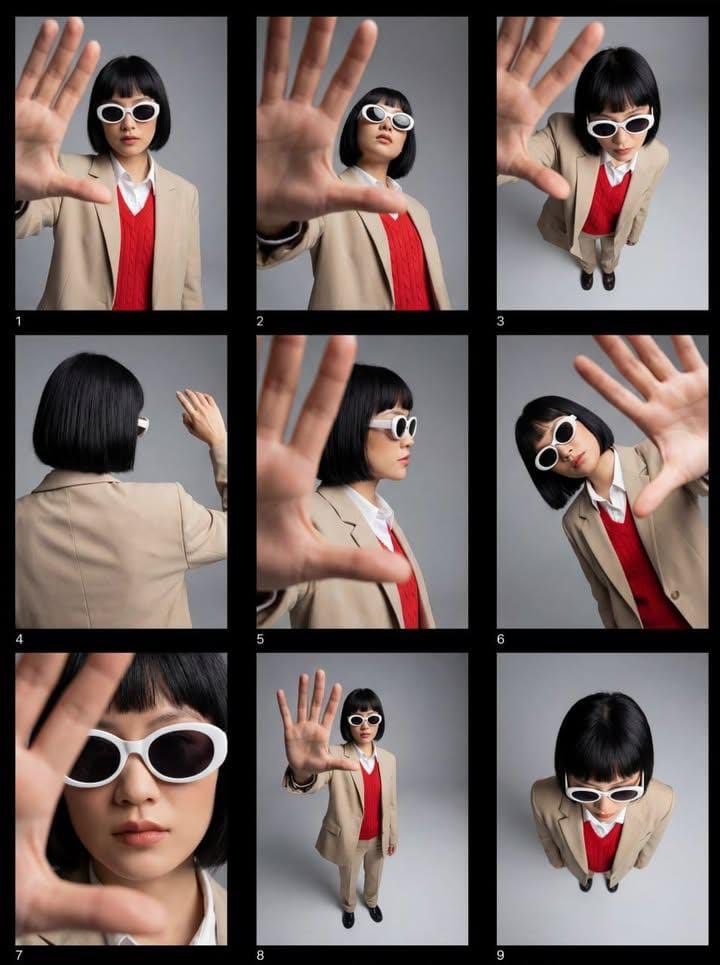 Editorial fashion contact sheet of a modern woman with a sharp black bob haircut wearing white oval…
