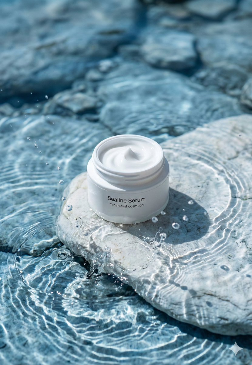 { "prompt": "A premium minimalist skincare product photography scene featuring an open white cosmet…