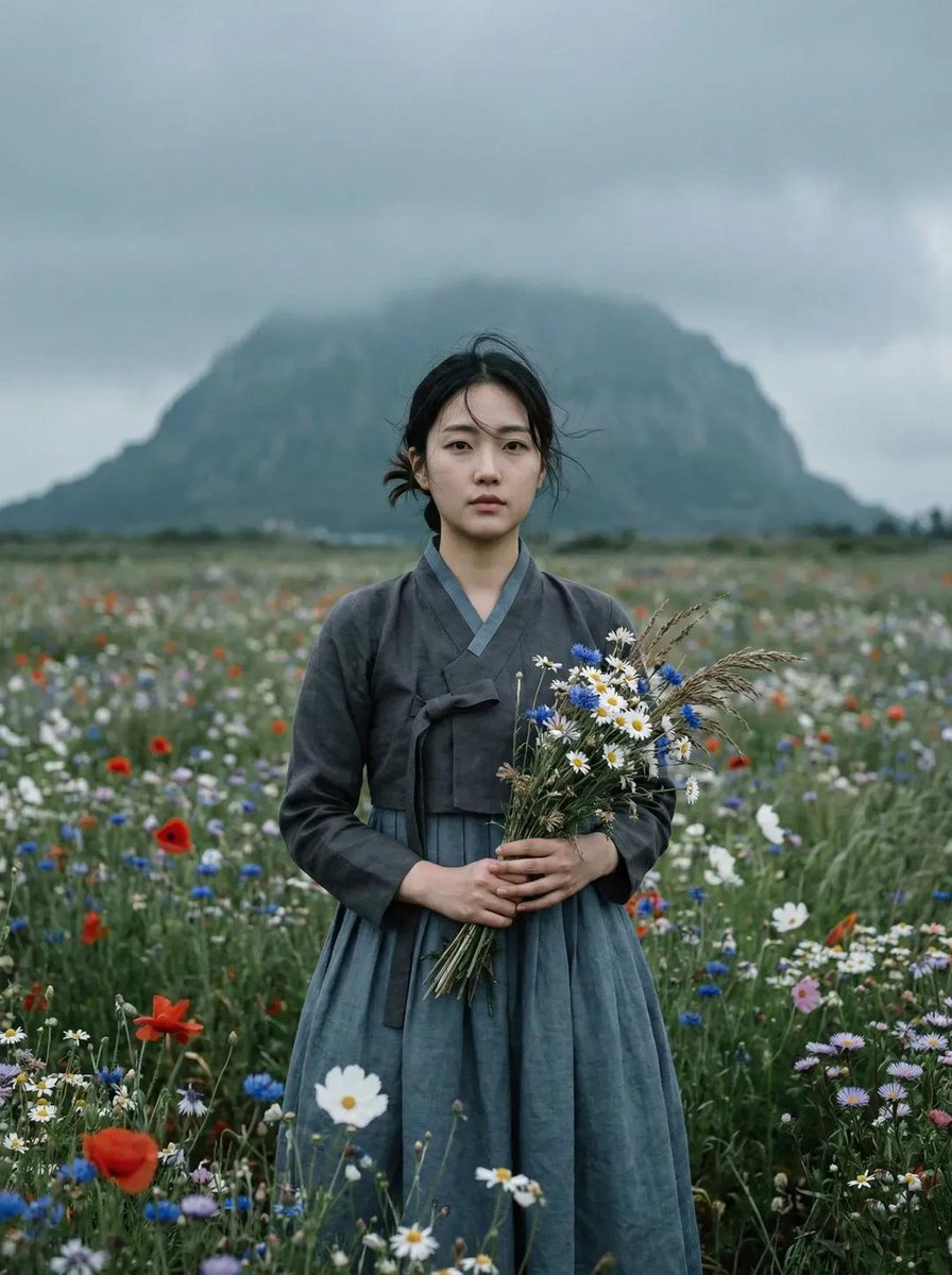 Ultra-realistic cinematic portrait of a young East Asian woman standing alone in a vast wildflower …