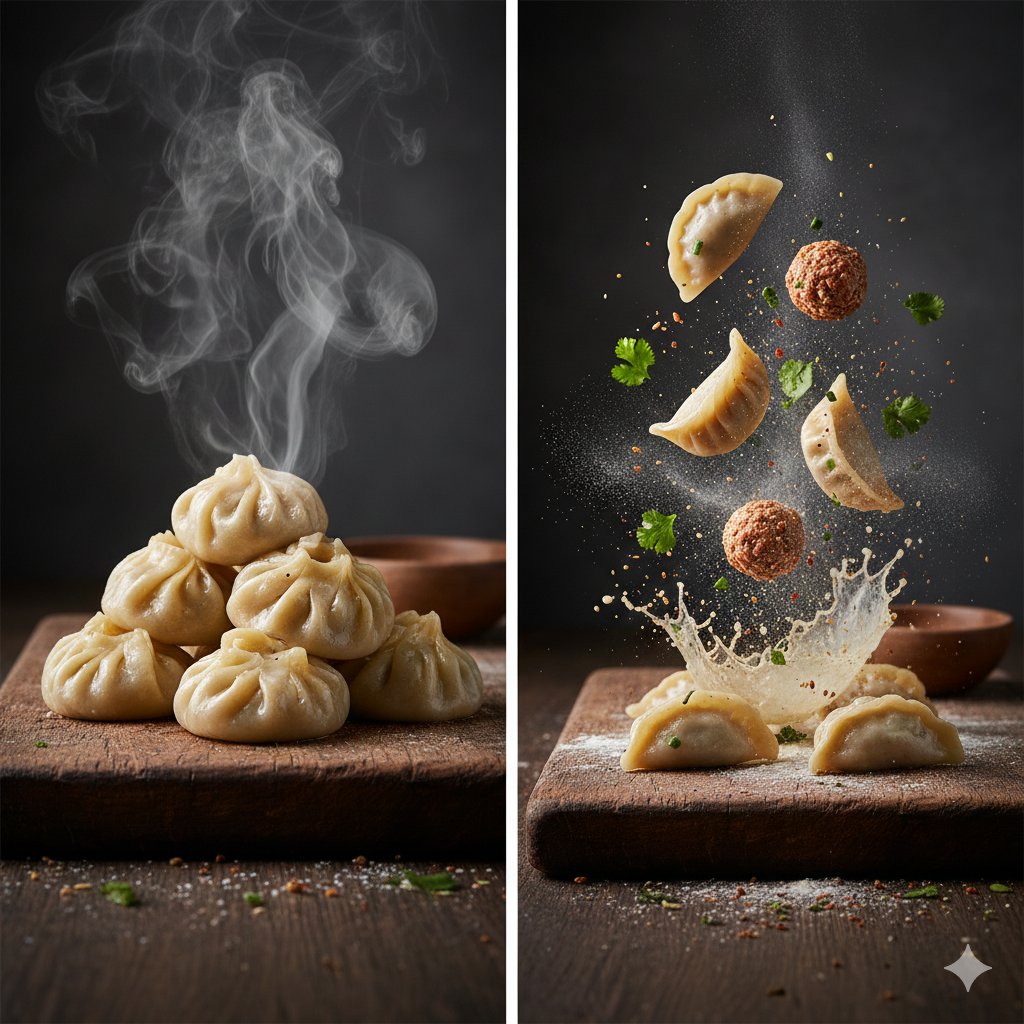 { The Cinematic Momo Duo Subject & Scene * Finished Dish: Freshly steamed dumplings (momos) stacked…