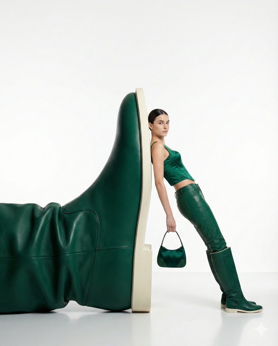 { "style": "high-fashion editorial, minimalist surrealism", "subject": "a confident woman leaning c…
