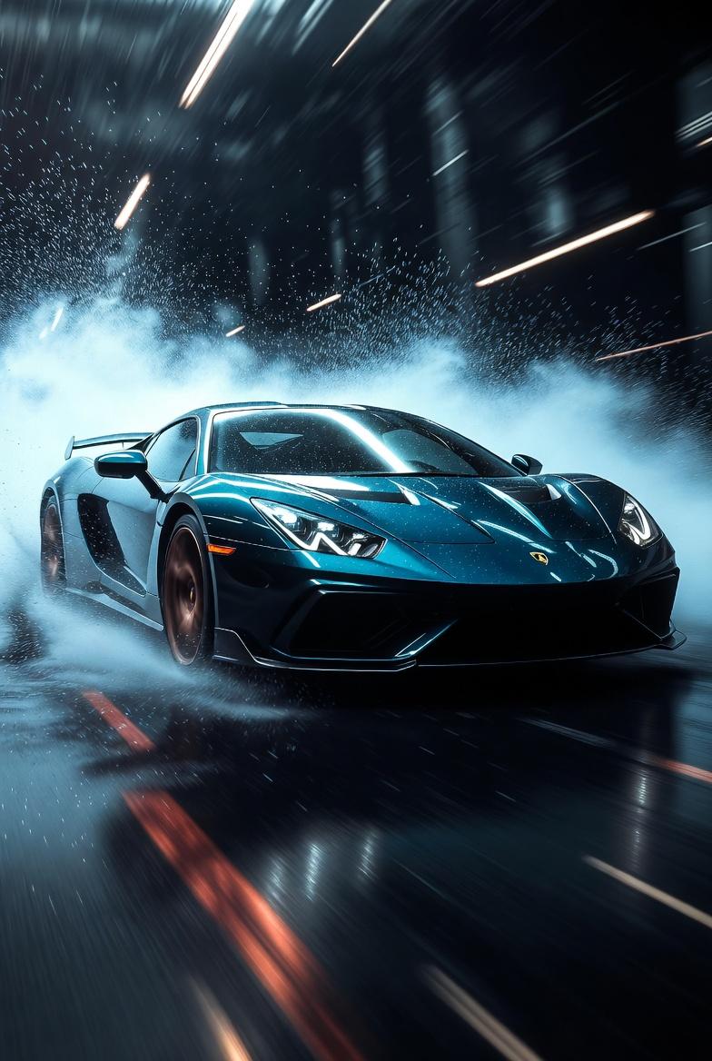 Hyper-realistic cinematic product photograph of a luxury sports car front three-quarter view, gloss…