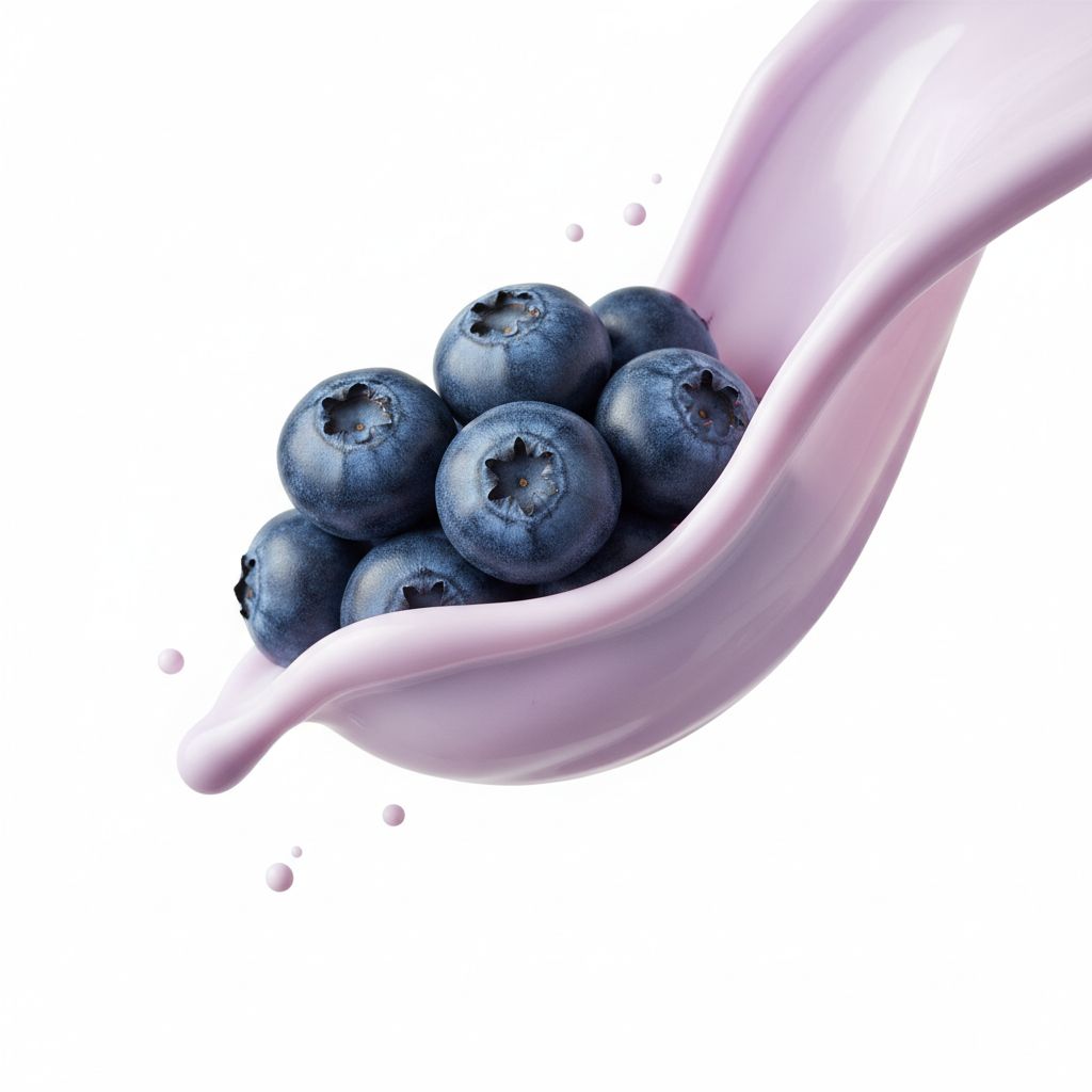 A high-speed studio photograph of a cluster of fresh blueberries suspended midair, softly wrapped b…