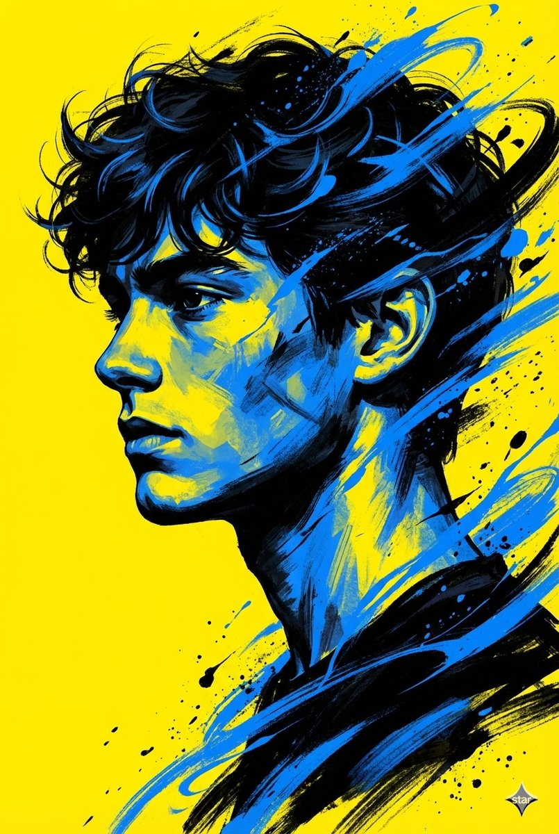 A bold, high contrast digital portrait of a young man in side profile, facing left. The style is ex…