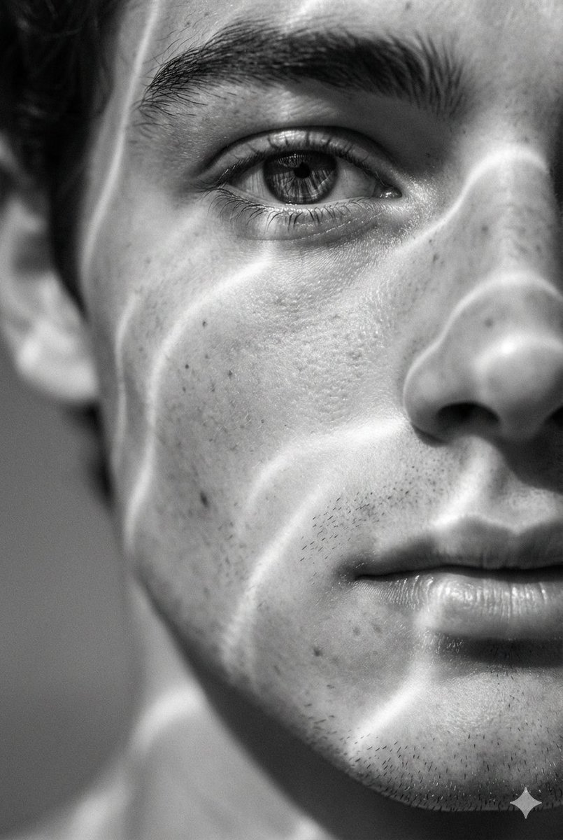 A hyperrealistic 8K black and white extreme close-up portrait of a young man's face, focusing tight…