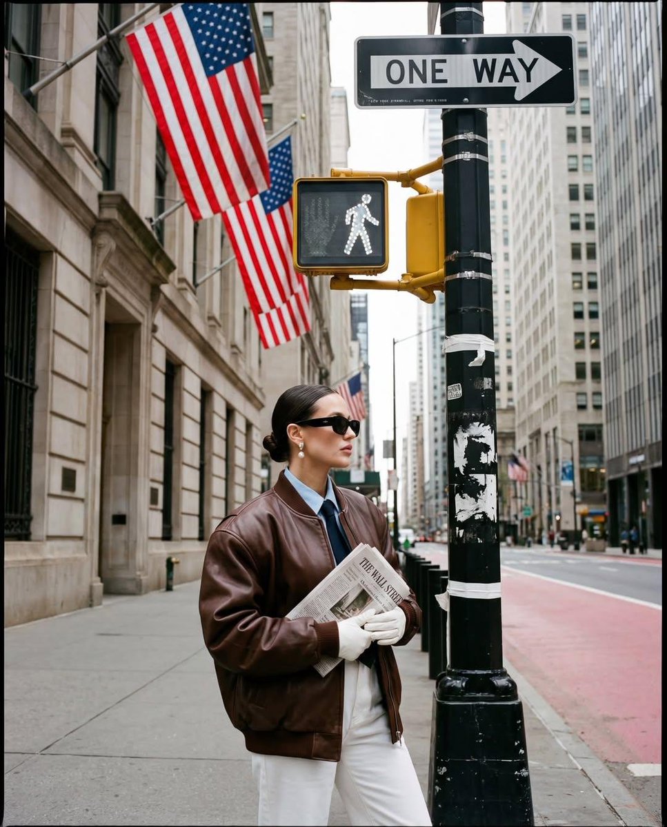 Ultra-realistic street fashion editorial photograph in New York City / Wall Street area, shot in ve…
