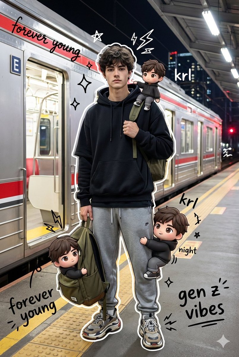 A high quality mixed media portrait of a trendy young man (using my uploaded person photo) standing…