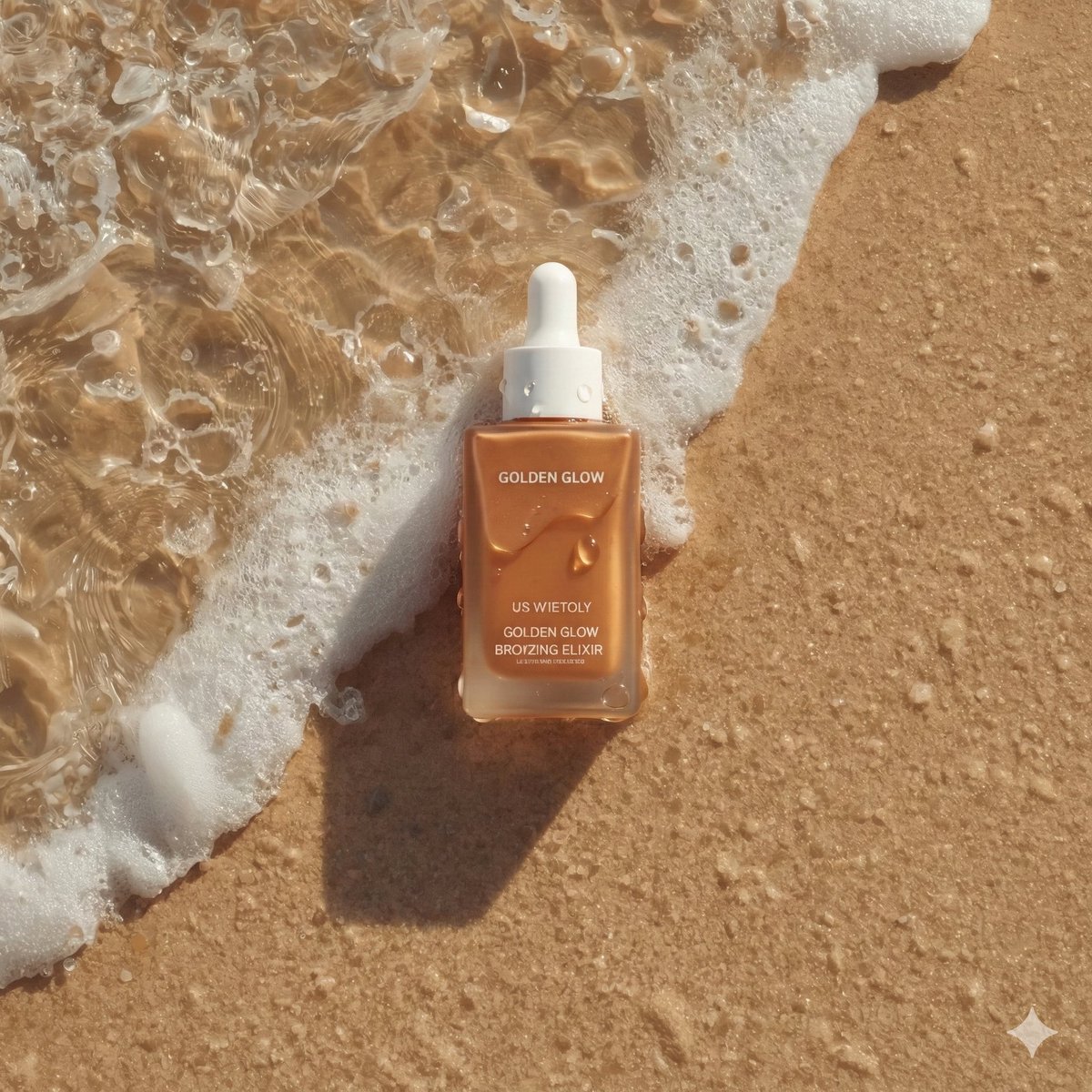 Ultra-realistic summer skincare product photography of a bronzing drop bottle named "Golden Glow - …