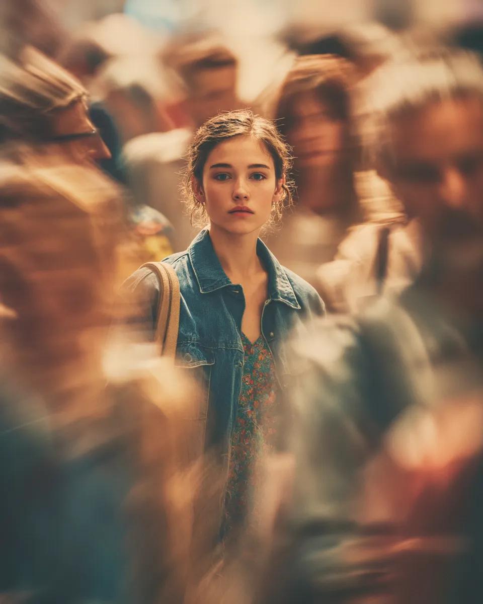 Cinematic portrait of a young person standing still in the middle of a busy crowd, sharp focus on t…
