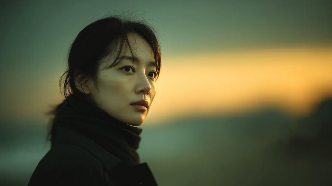 Photorealistic cinematic portrait of a young East Asian woman standing outdoors at sunset, side-pro…